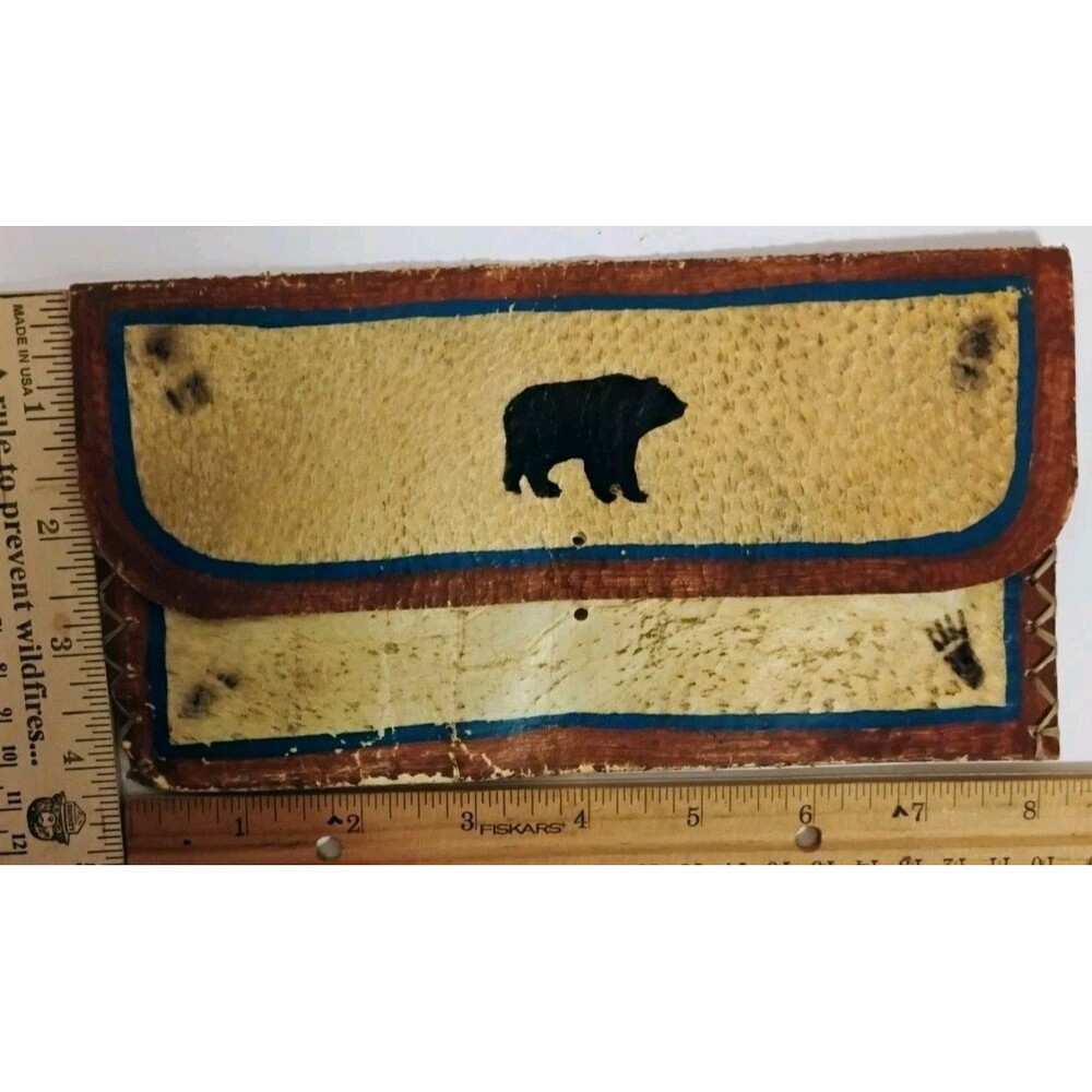 Vintage Rawhide Leather Bear Paw Pouch Checkbook Cover Case Rustic Cabin Decor